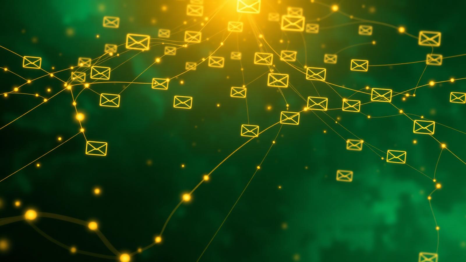 Glowing gold email nodes across a deep emerald network